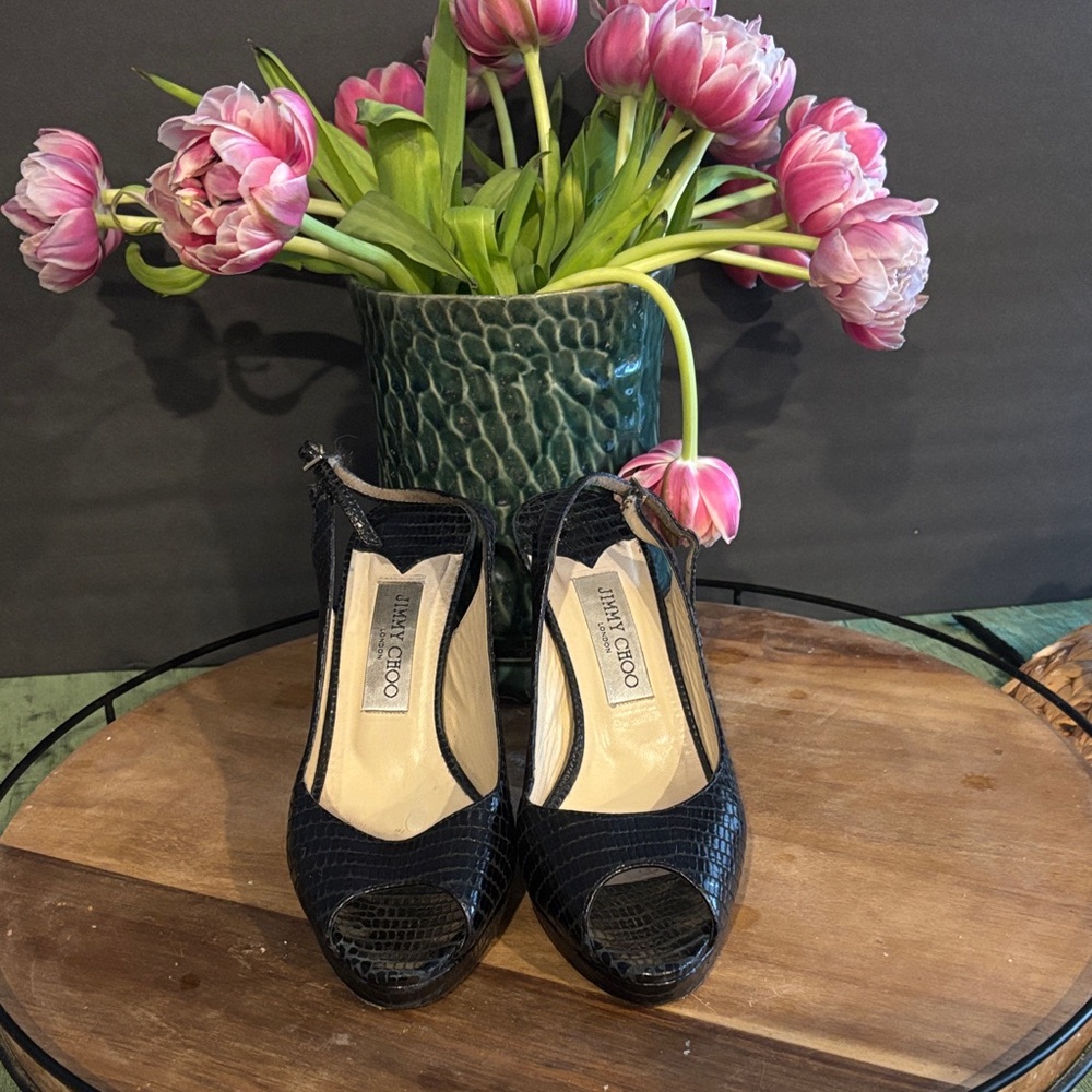Jimmy Choo Black Textured Peep-Toe Heels Size 38
